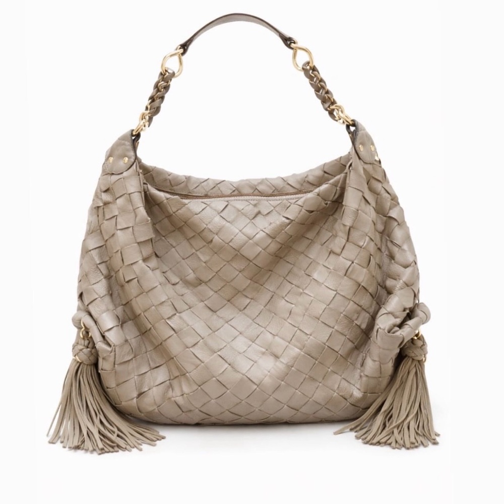 Top Shop Real Leather Elegant greyish/ Tan Woven large Shoulder Bag - Picture 2 of 9